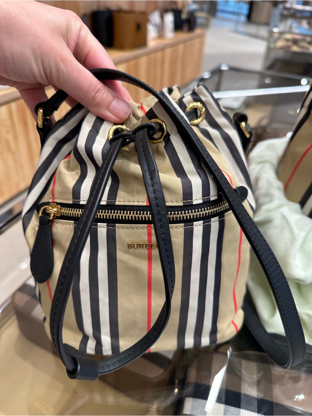 Burberry Beige Black Cream Striped Drawstring Crossbody Bucket Bag